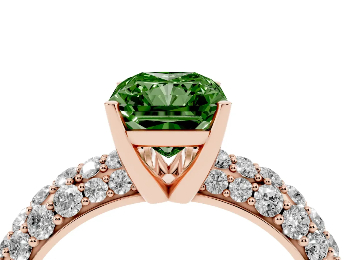 Fancy Green Radiant Cut Diamond Pavé Band Solitaire Ring with Four-Prong Setting Rose gold