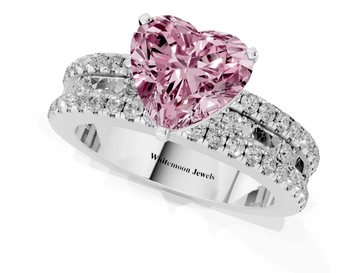 Fancy Pink Heart Cut Diamond Solitaire Ring with Pavé and Channel Set Band White gold