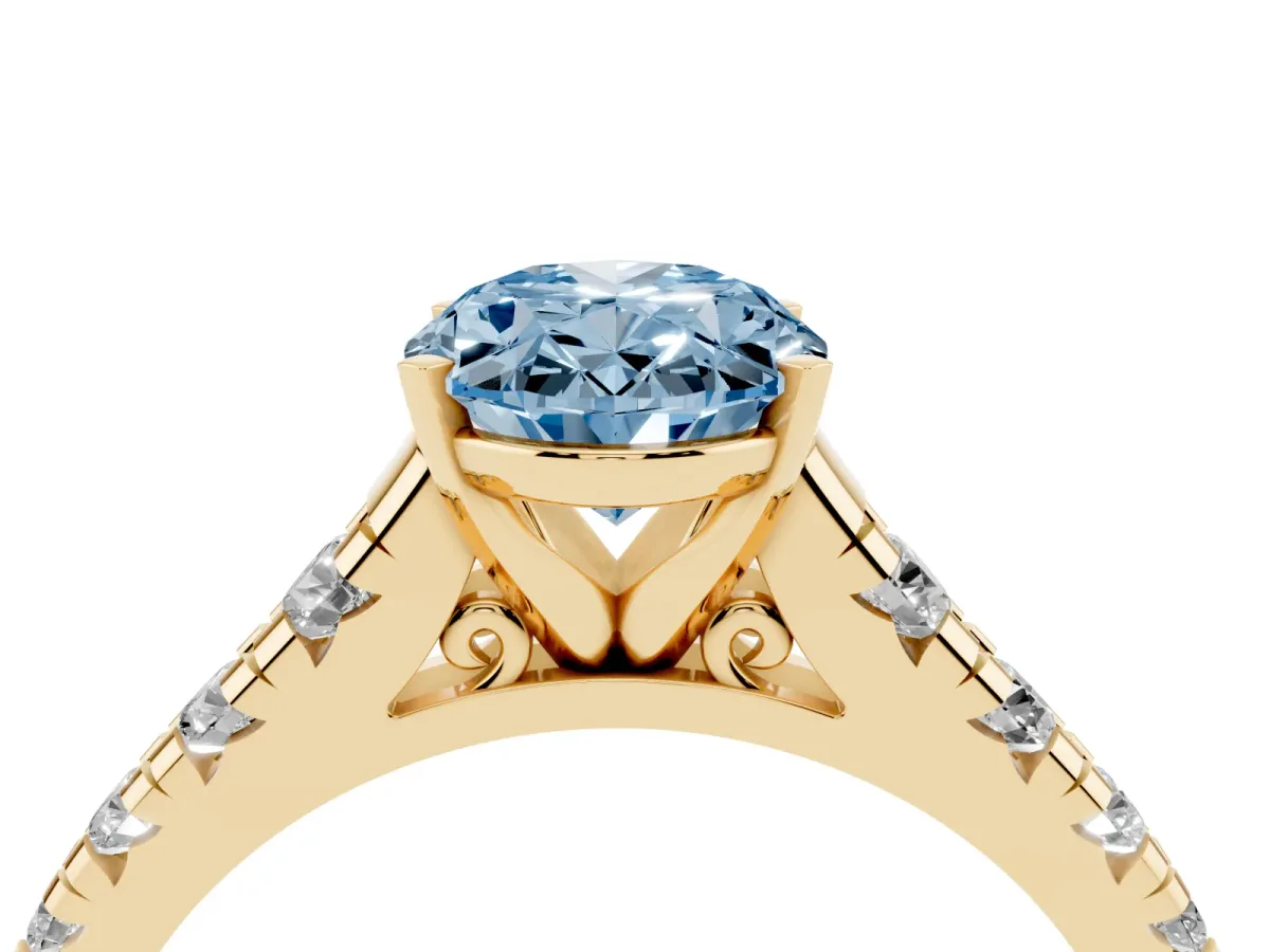 Fancy Blue Oval Cut Diamond Cathedral Solitaire Ring with Round Pavé Band Yellow gold