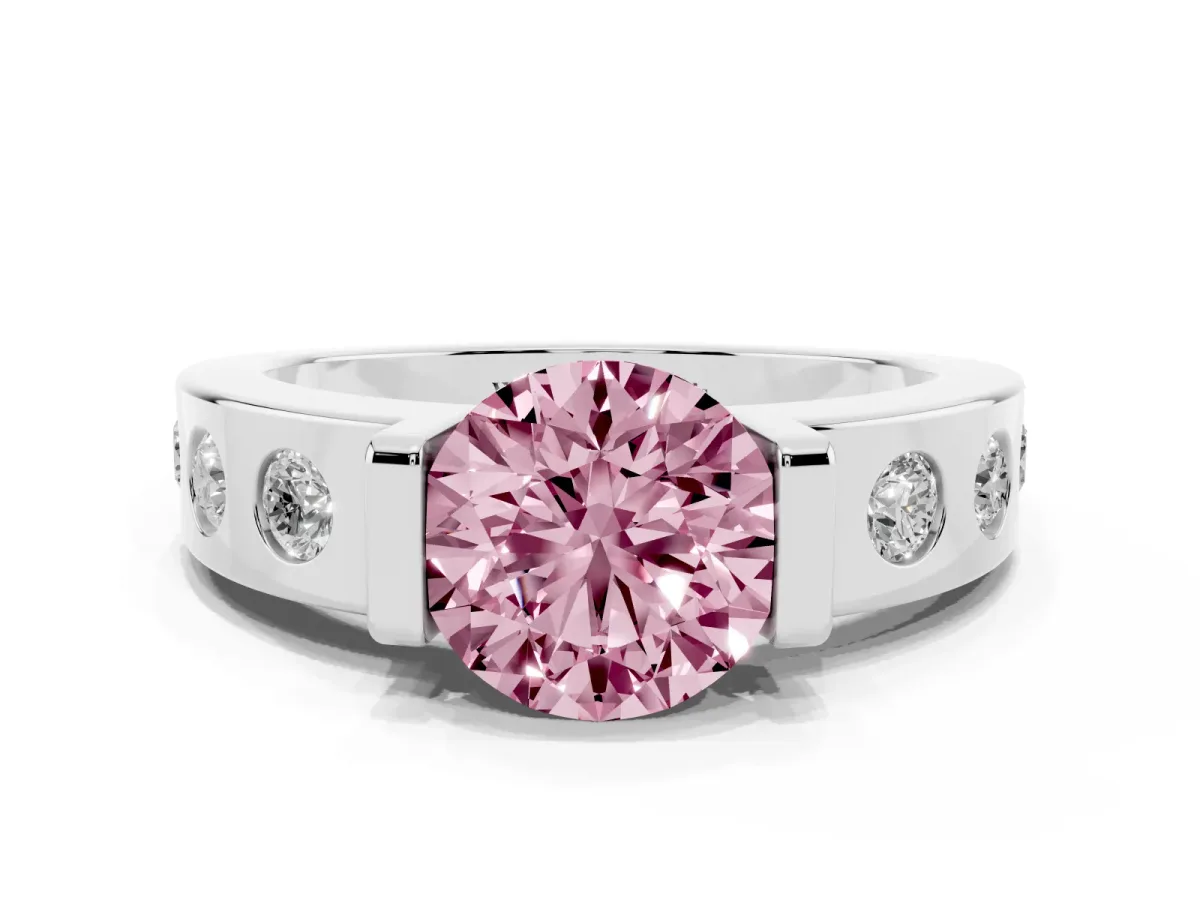Fancy Pink Round Cut Brilliant Channel-Set Diamond Ring with Bezel Prong Setting Silver