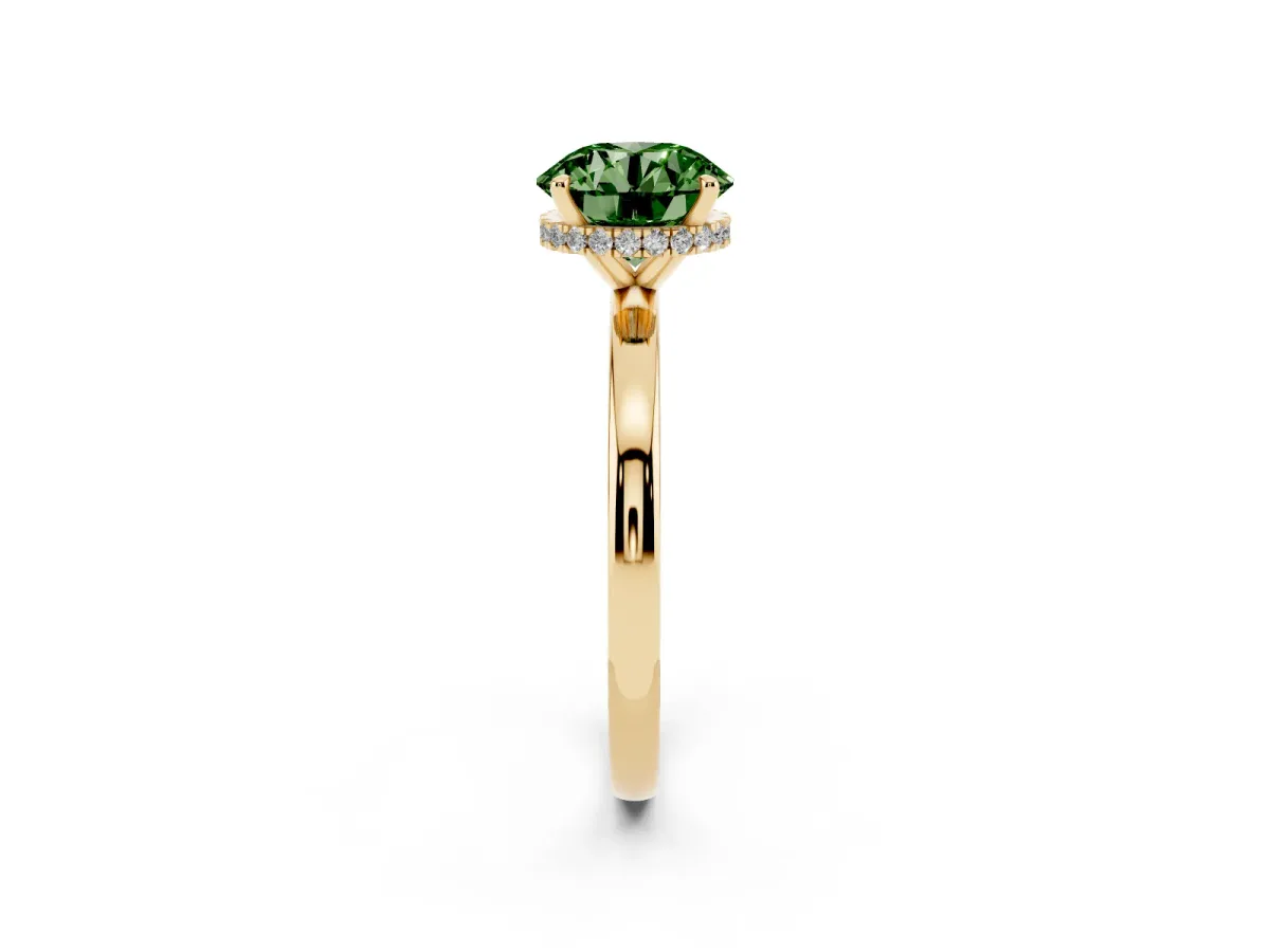 Fancy Green Round Cut Solitaire Engagement Ring with Cathedral Band and Four-Prong Setting Yellow gold
