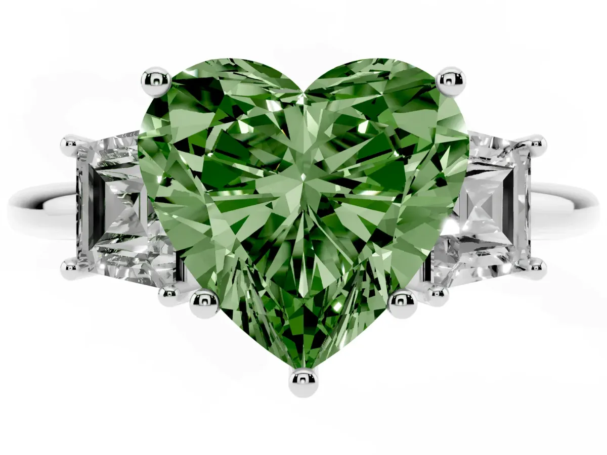 Fancy Green Heart Cut Diamond Three-Stone Ring with Trapezoid Side Stones and Prong Setting Silver