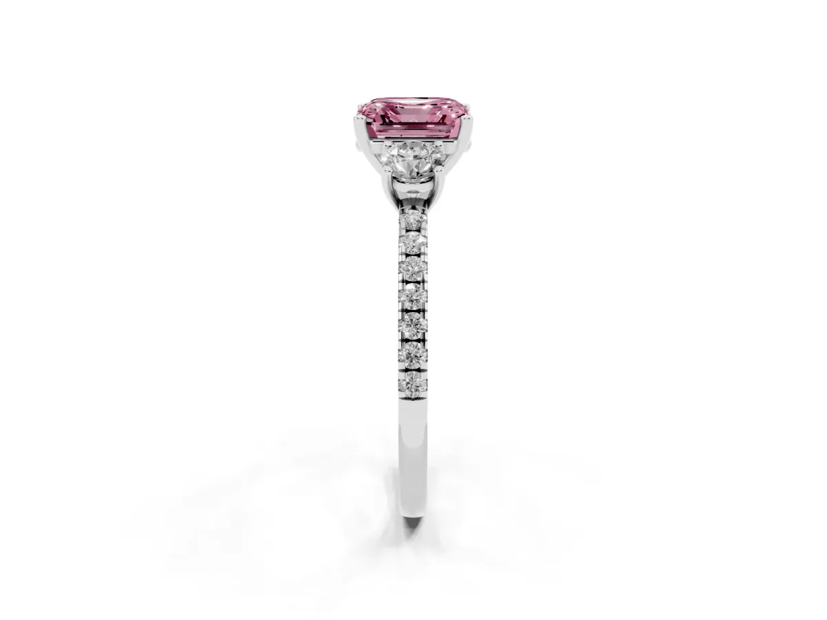 Fancy Pink Three-Stone Asscher Cut Cut Diamond Pavé Band with Prong Setting Silver