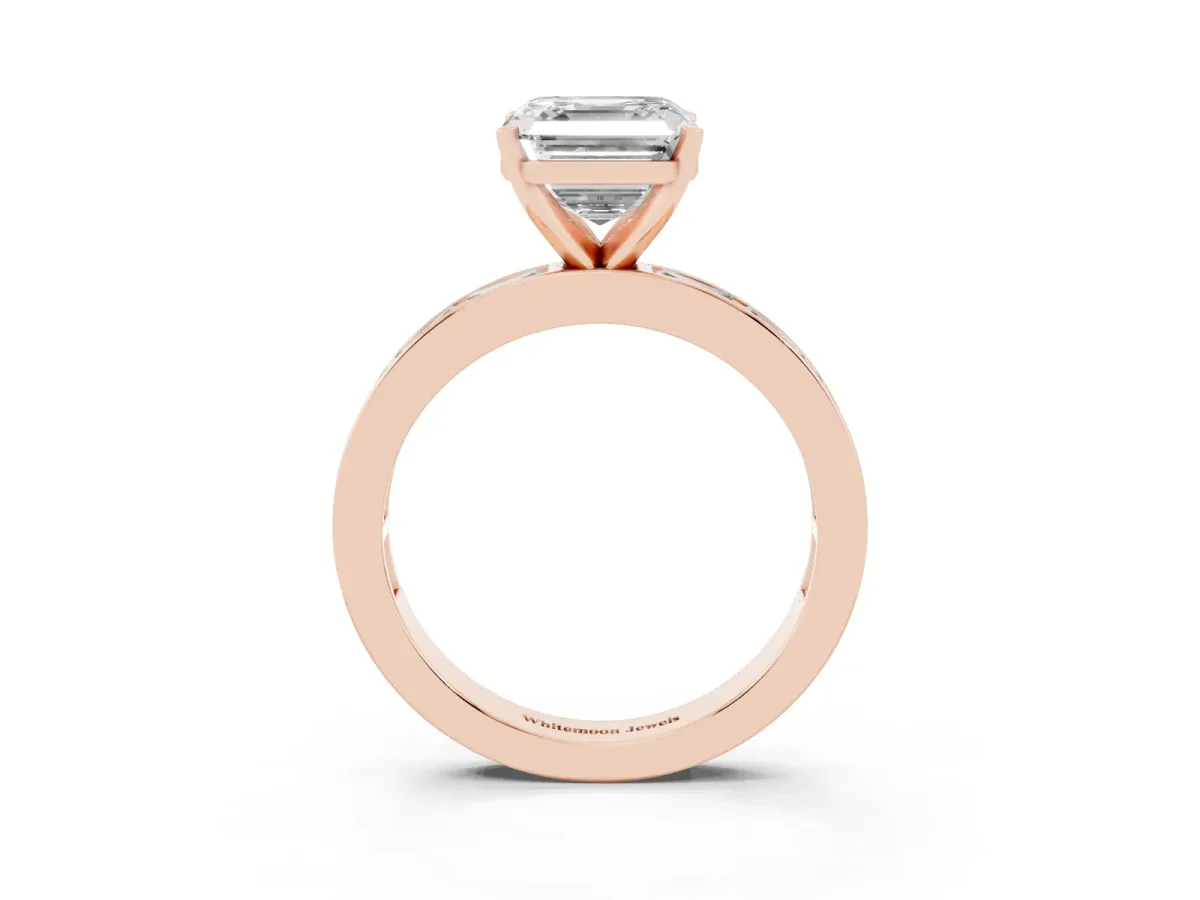 Asscher Cut Solitaire Diamond Ring with Channel-Set Baguette Band and Four-Prong Setting Rose gold