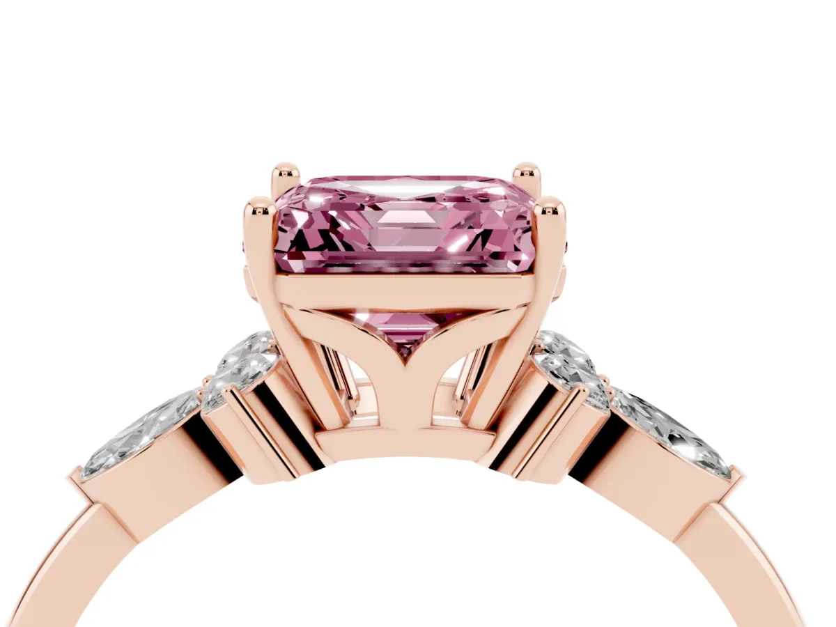 Fancy Pink Asscher Cut Brilliant Diamond Solitaire Ring with Pear Side Stones and Four-Prong Setting Rose gold