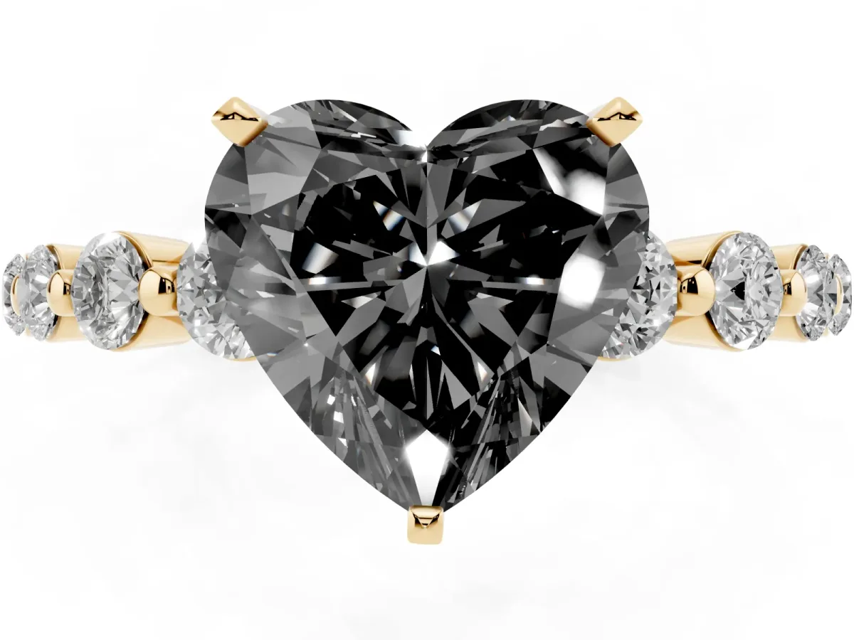 Fancy Black Heart Cut Solitaire Diamond Ring with Pave Band and Four-Prong Setting Yellow gold