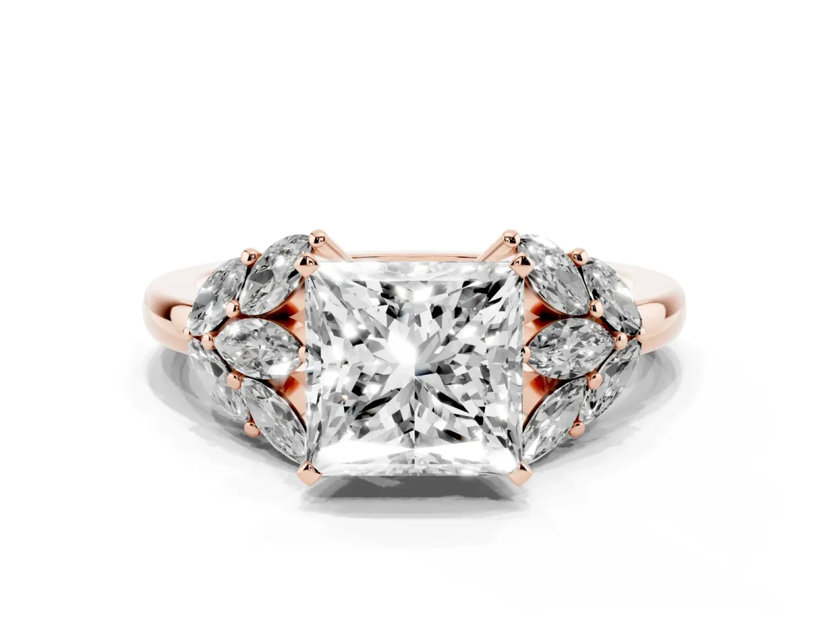 Princess Cut Diamond Cluster Leaf Design Ring with Prong Setting Rose gold