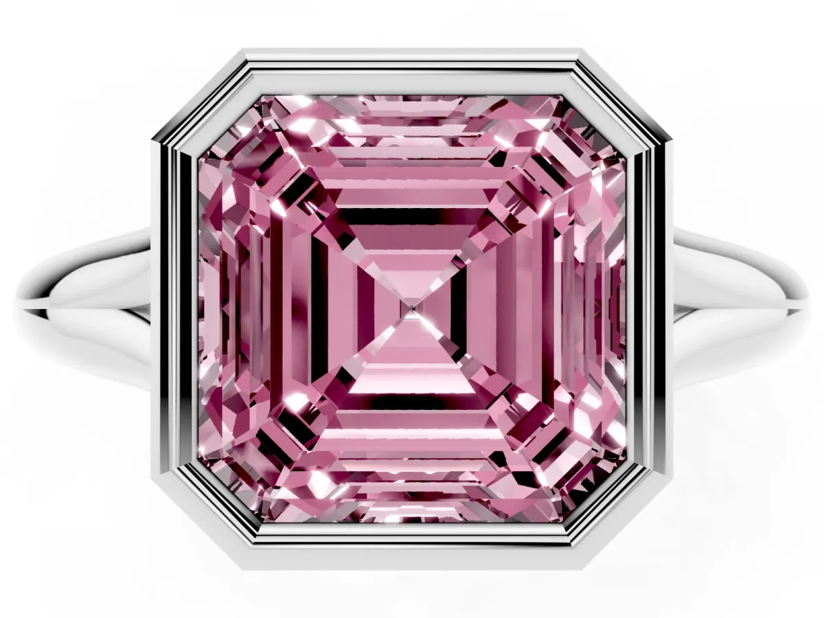 Fancy Pink Bezel Set Asscher Cut Solitaire Diamond Ring with Smooth Band Platinum