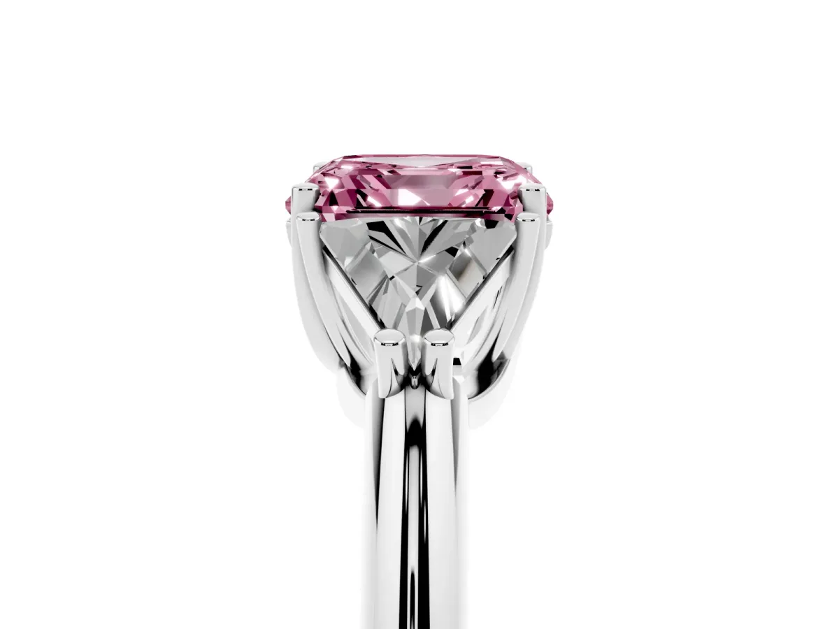 Fancy Pink Three-Stone Asscher Cut Diamond Engagement Ring with Trillion Side Stones and Prong Setting Silver