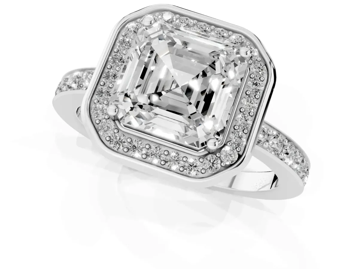 Asscher Cut Diamond Halo Ring with Bezel Frame and Pavé Band Silver