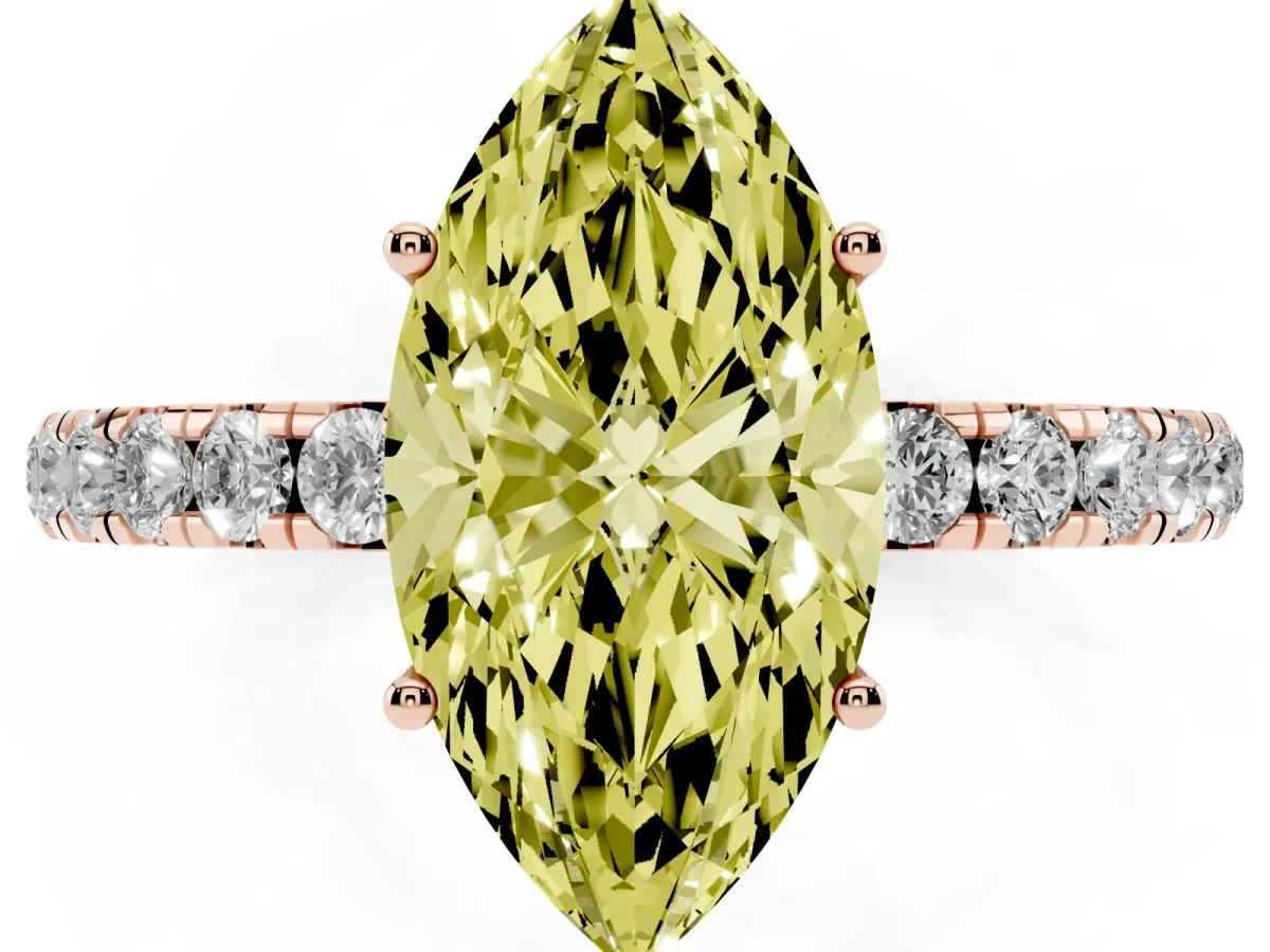 Fancy Yellow Marquise Cut Diamond Pavé Solitaire Engagement Ring with Four-Prong Setting Rose gold