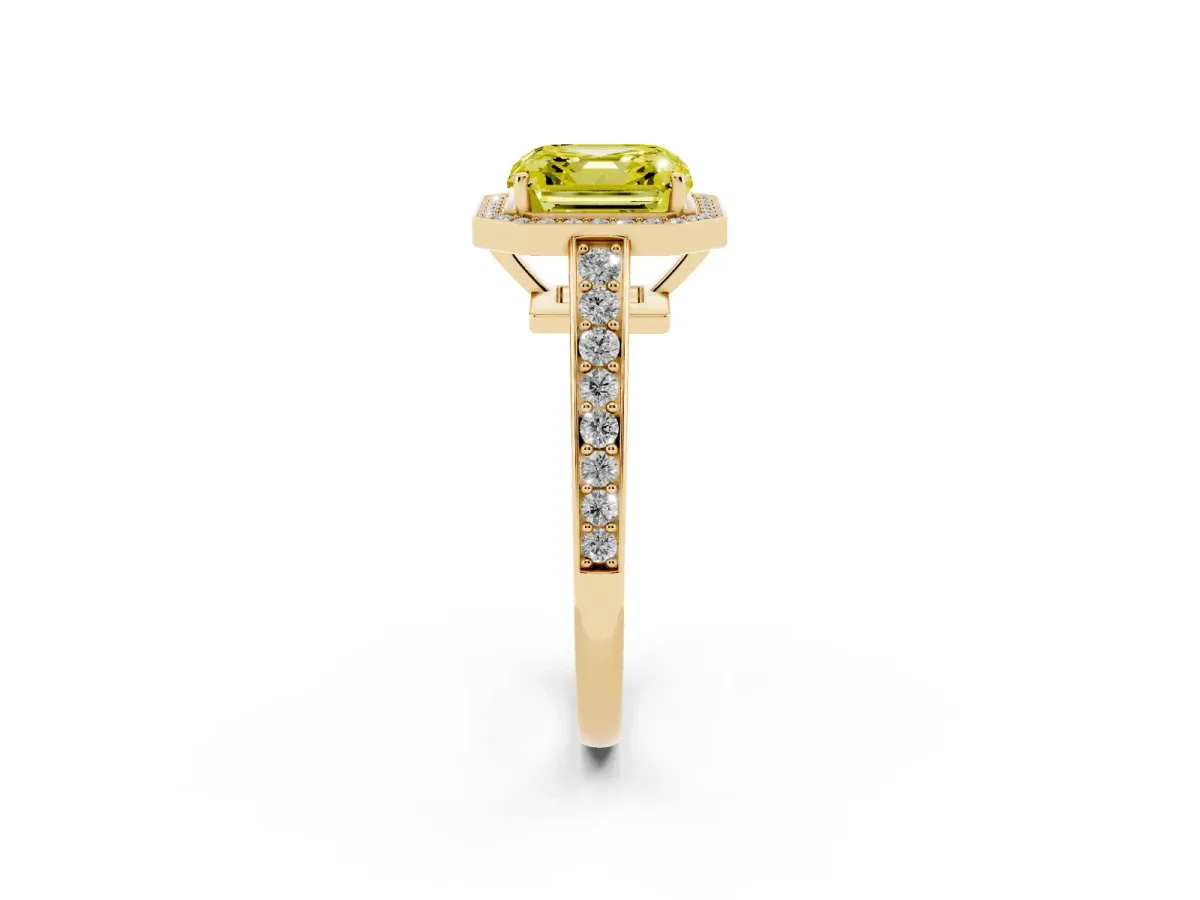 Fancy Yellow Asscher Cut Halo Pavé Diamond Engagement Ring with Bezel Setting Yellow gold