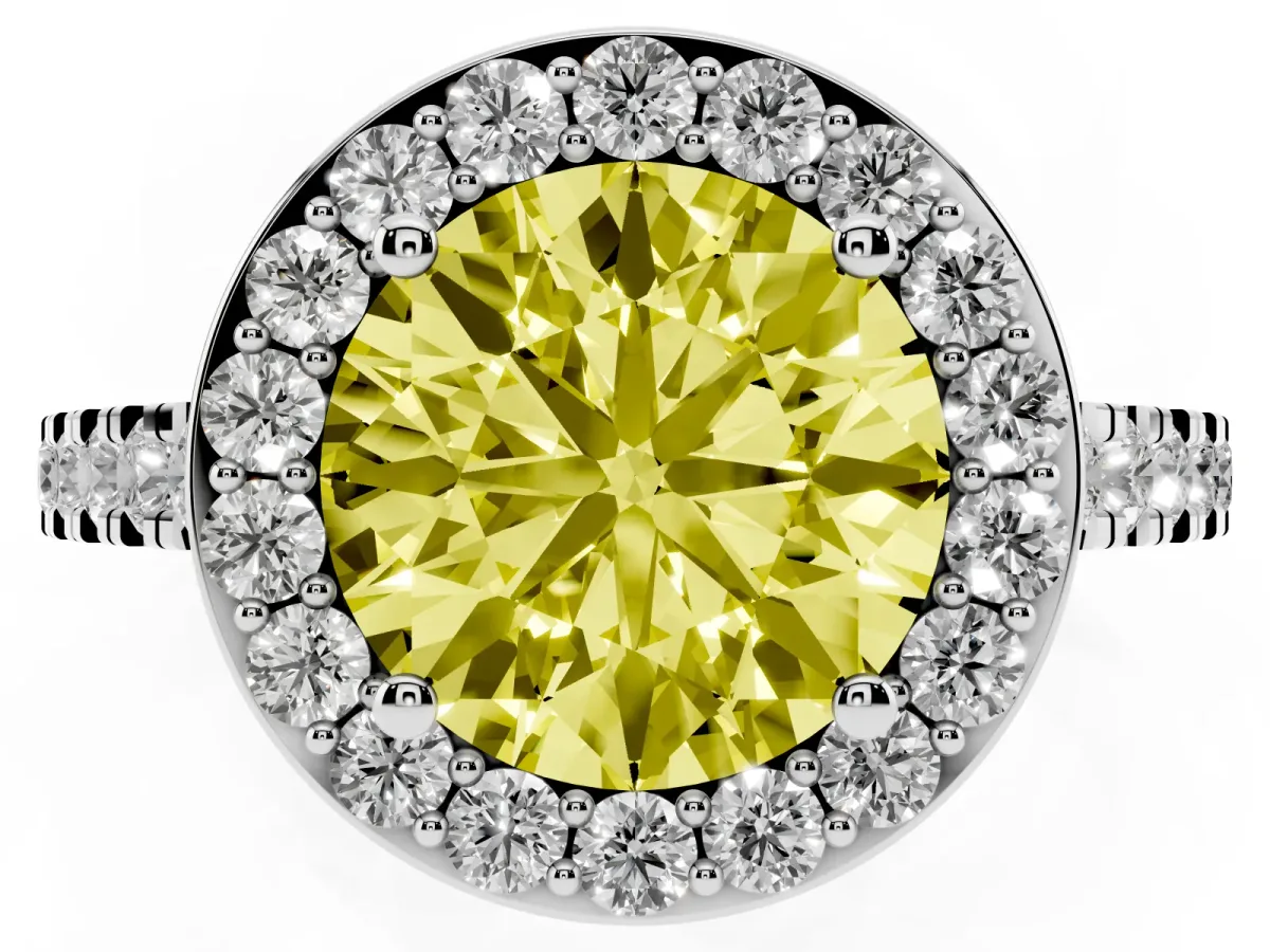 Fancy Yellow Round Cut Diamond Halo Ring with Round Pavé Split Shank and Prong Setting Silver