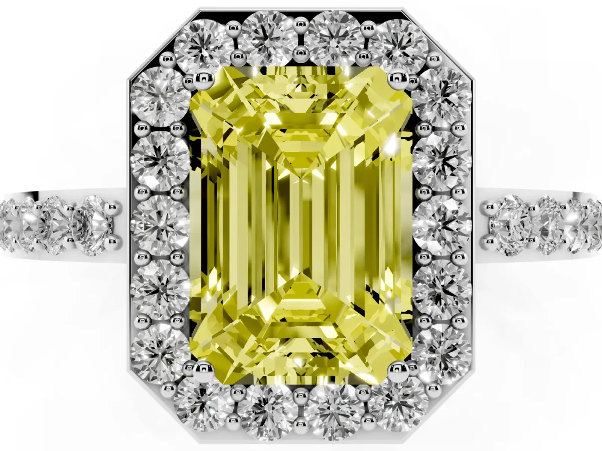 Fancy Yellow Emerald Cut Halo Diamond Pavé Band Ring with Prong Setting Silver