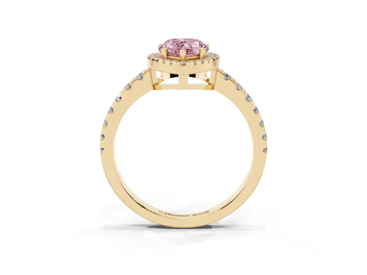 Fancy Pink Pear Cut Diamond Halo Ring with Pavé Band and Four-Prong Setting Yellow gold