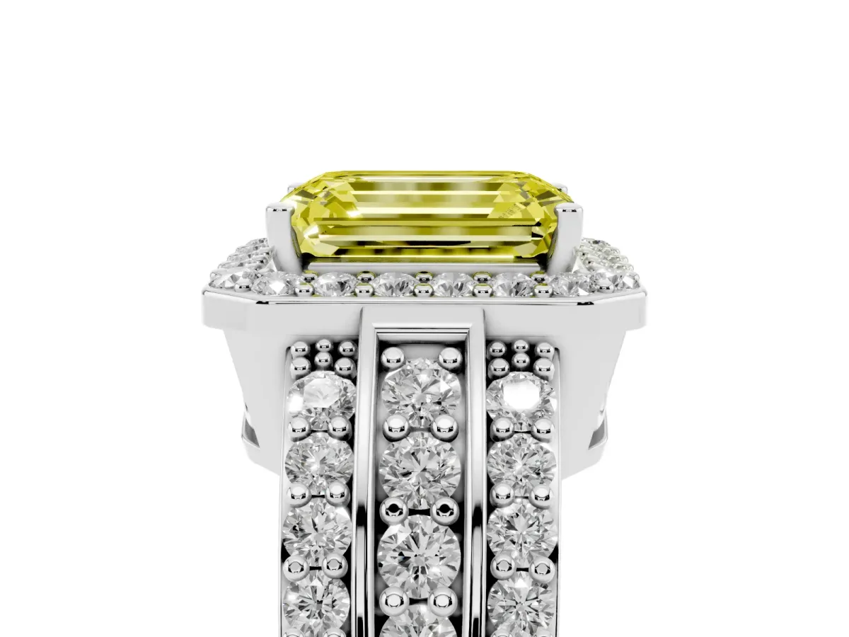 Fancy Yellow Emerald Cut Halo Diamond Ring with Round Split Shank and Prong Setting Silver