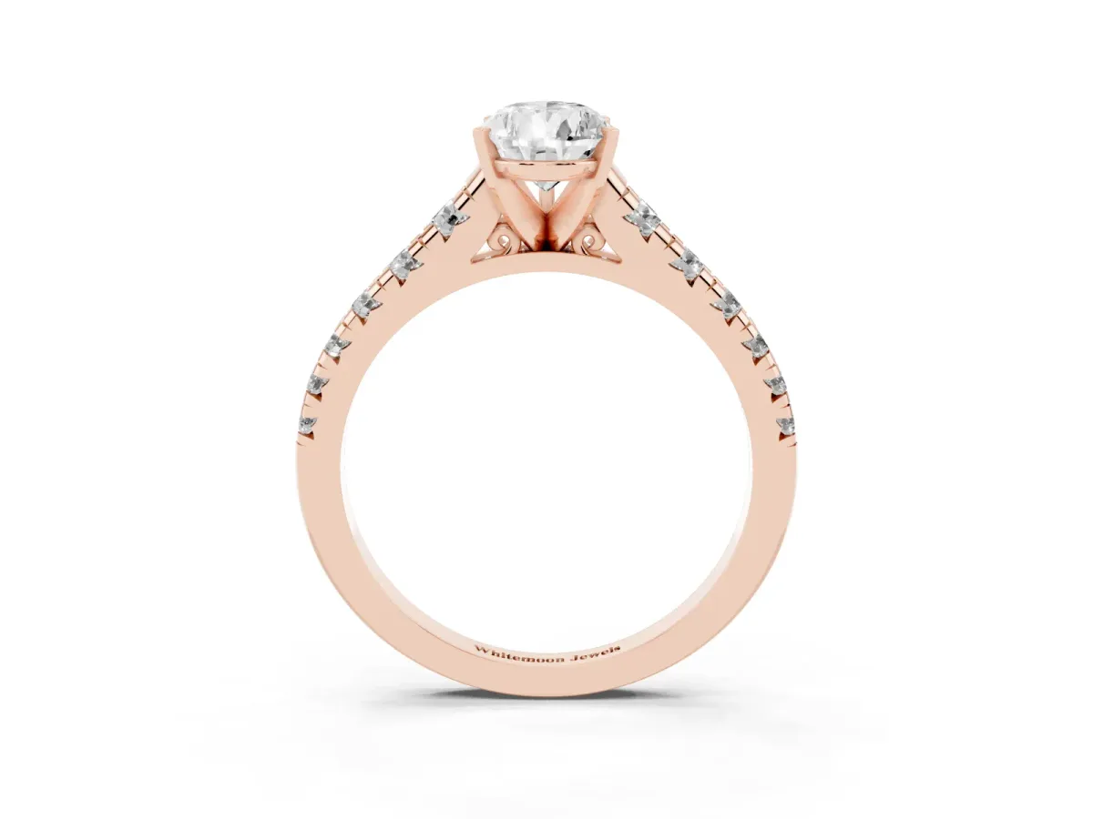 Pear Cut Diamond Cathedral Solitaire Ring with Round Pavé Band Rose gold