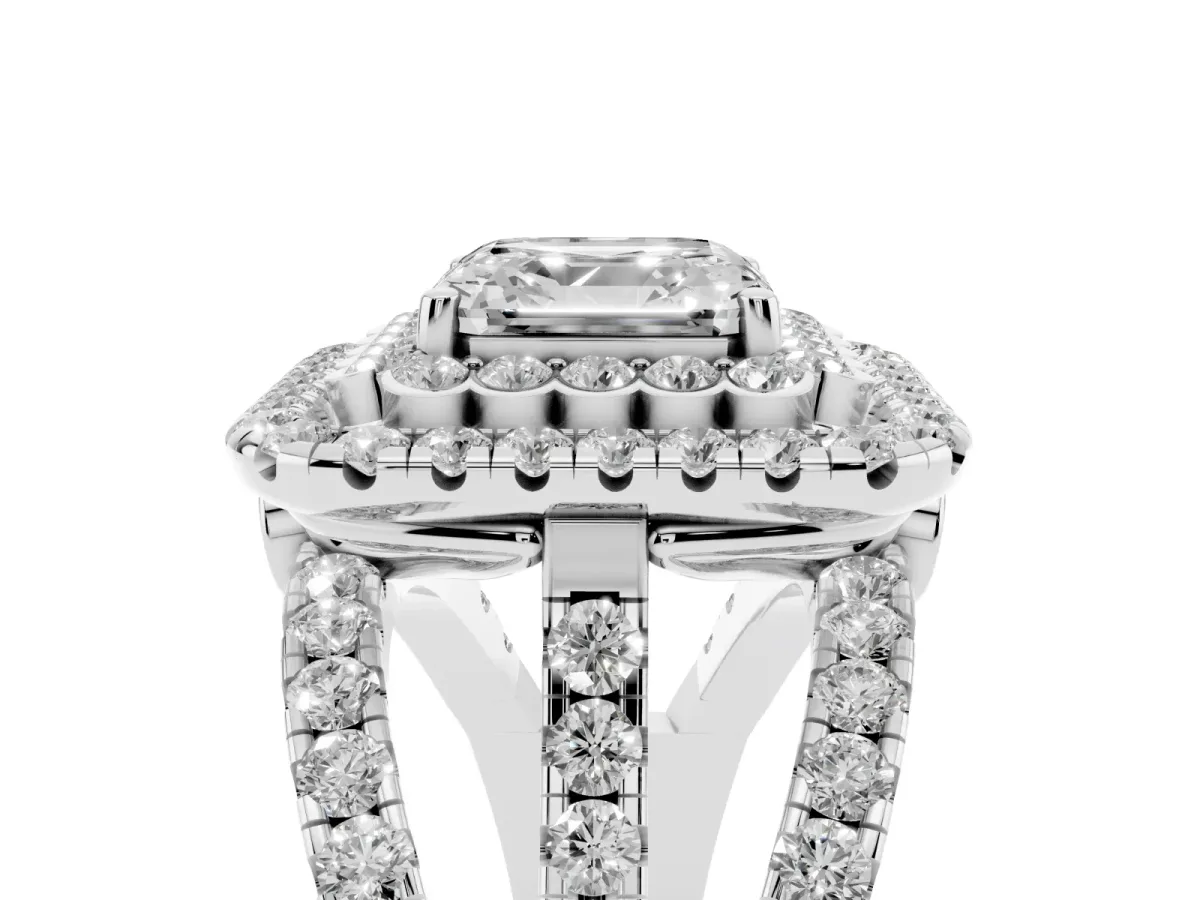 Asscher Cut Diamond Double Halo Ring with Round Pavé Split Shank and Prong Setting Silver