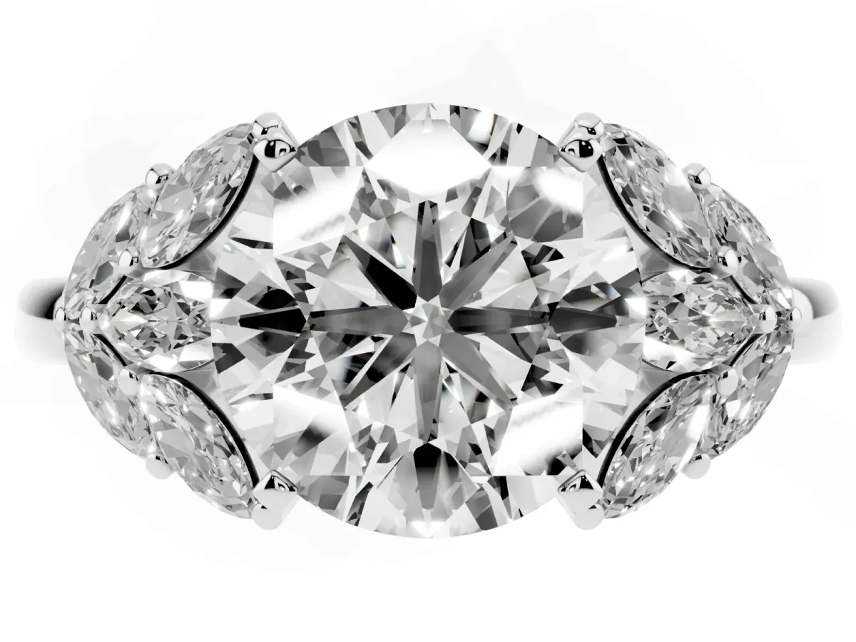 Round Cut Diamond Cluster Leaf Design Ring with Prong Setting Silver