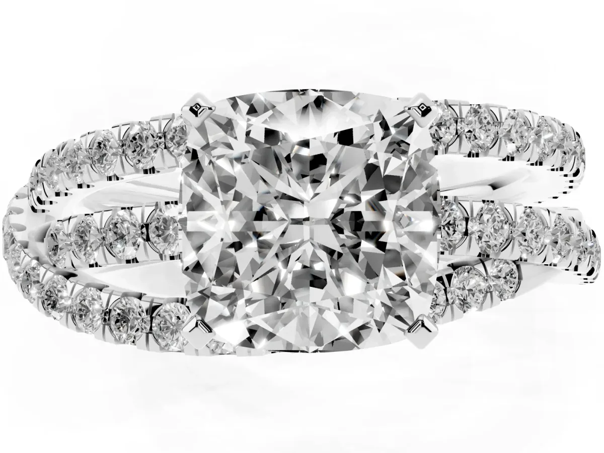 Cushion Cut Solitaire Twist Band with Pavé Setting and Four-Prong Setting Silver