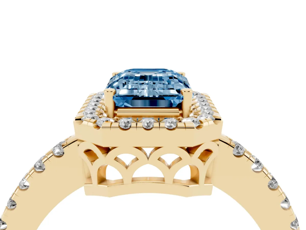 Fancy Blue Emerald Cut Halo Diamond Engagement Ring with Pavé Band and Four-Prong Setting Yellow gold