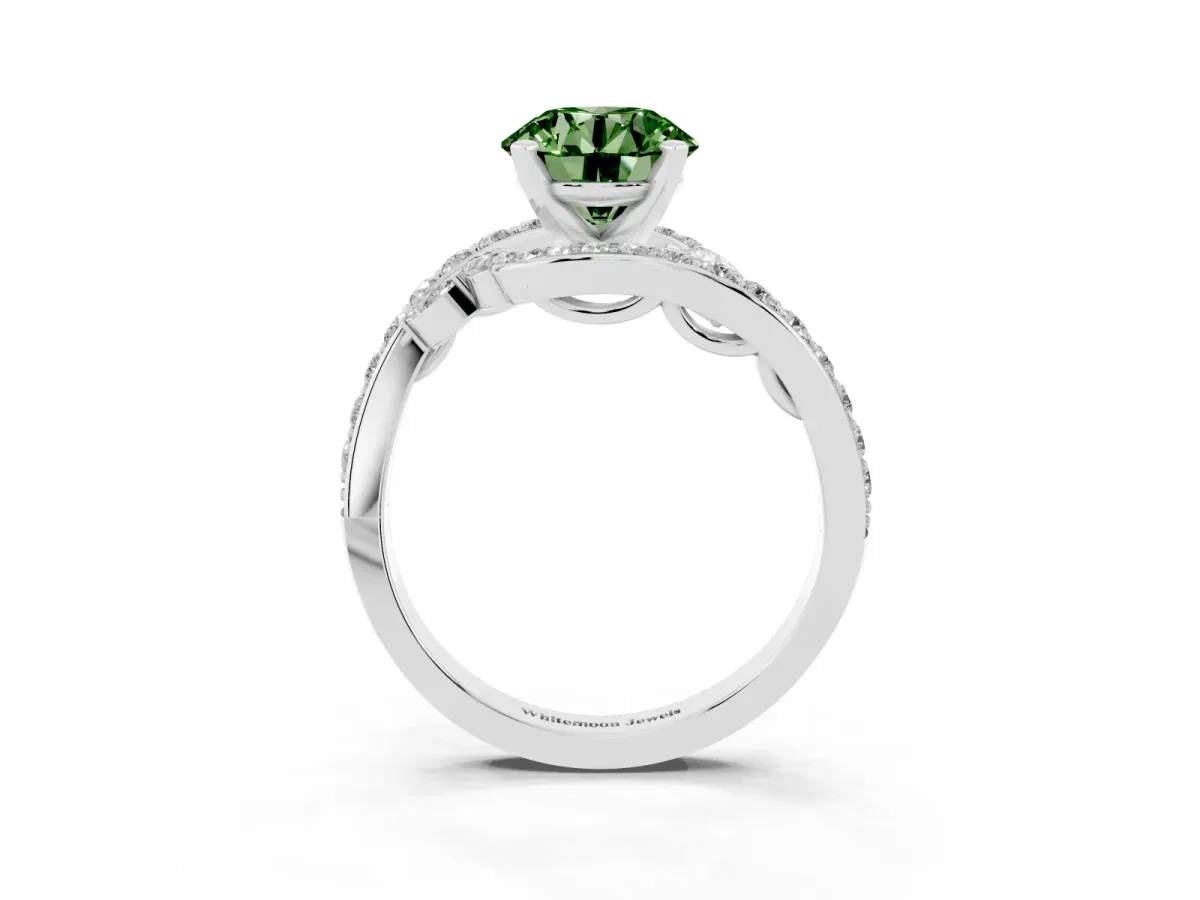Fancy Green Round Cut Solitaire with Pavé Twist Band and Four-Prong Setting White gold