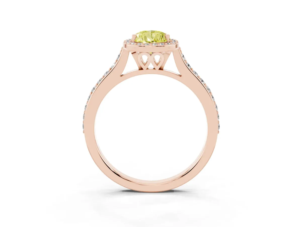 Fancy Yellow Pear Cut Diamond Halo Engagement Ring with Round Pavé Shoulders and Prong Setting Rose gold