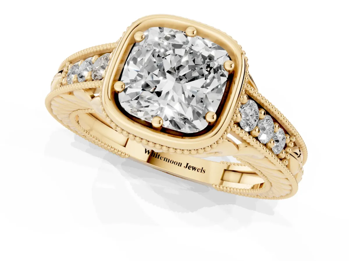Bezel Set Cushion Cut Diamond Milgrain Pave Engagement Ring Yellow gold