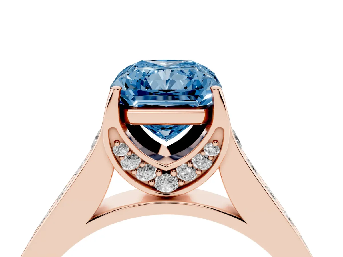 Fancy Blue Radiant Cut Brilliant Cut Diamond Engagement Ring with Pavé Band and Four-Prong Setting Rose gold