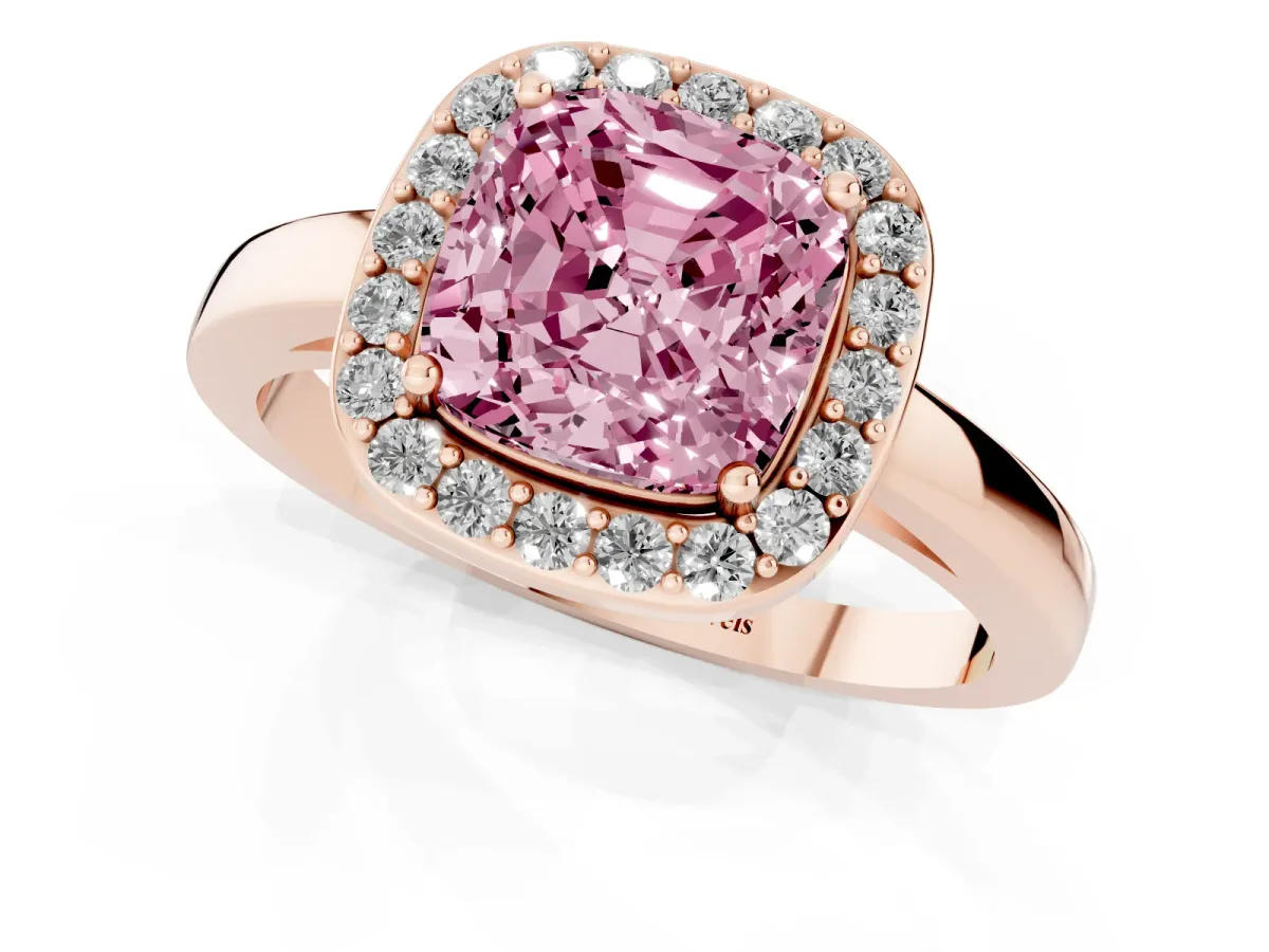 Fancy Pink Cushion Cut Halo Diamond Ring with Solitaire Band and Prong Setting Rose gold