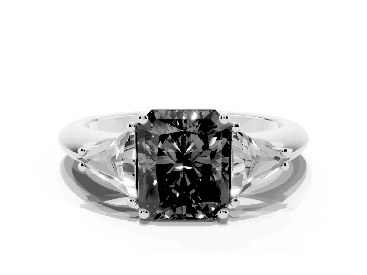 Fancy Black Three-Stone Radiant Cut Diamond Engagement Ring with Trillion Side Stones and Prong Setting Silver