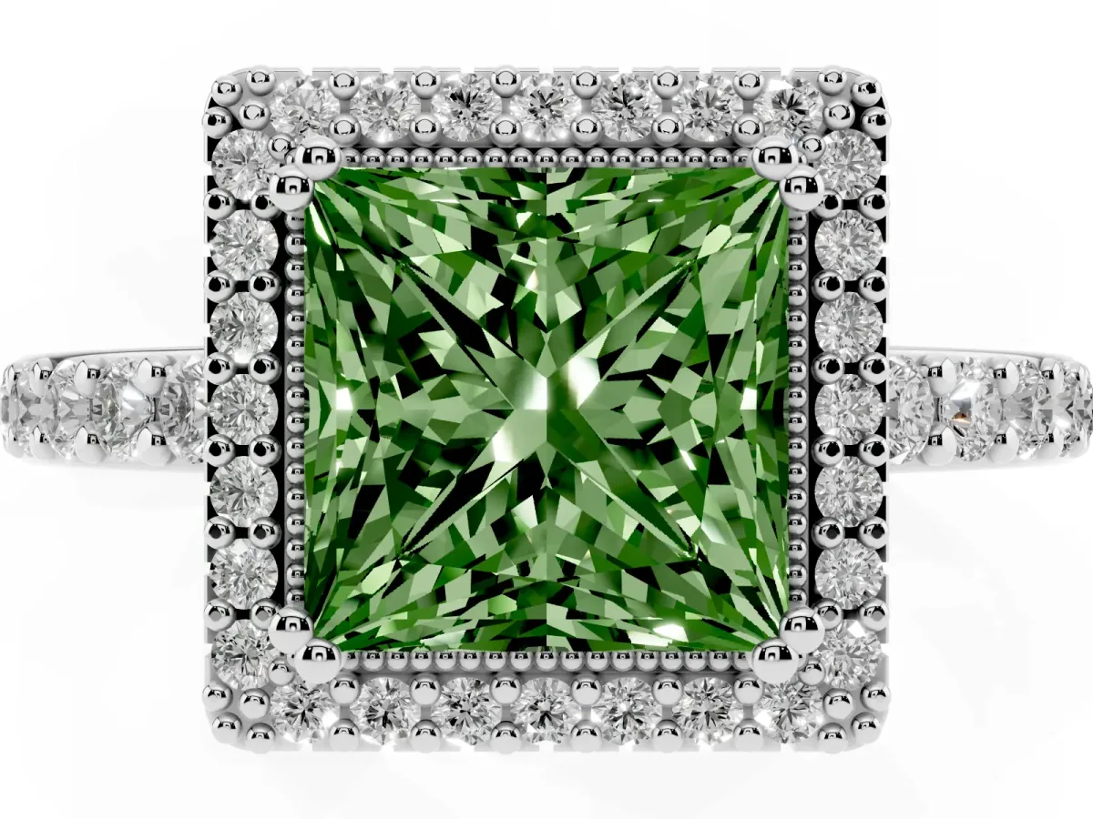 Fancy Green Princess Cut Cut Diamond Halo Engagement Ring with Milgrain Detail and Pavé Band Platinum