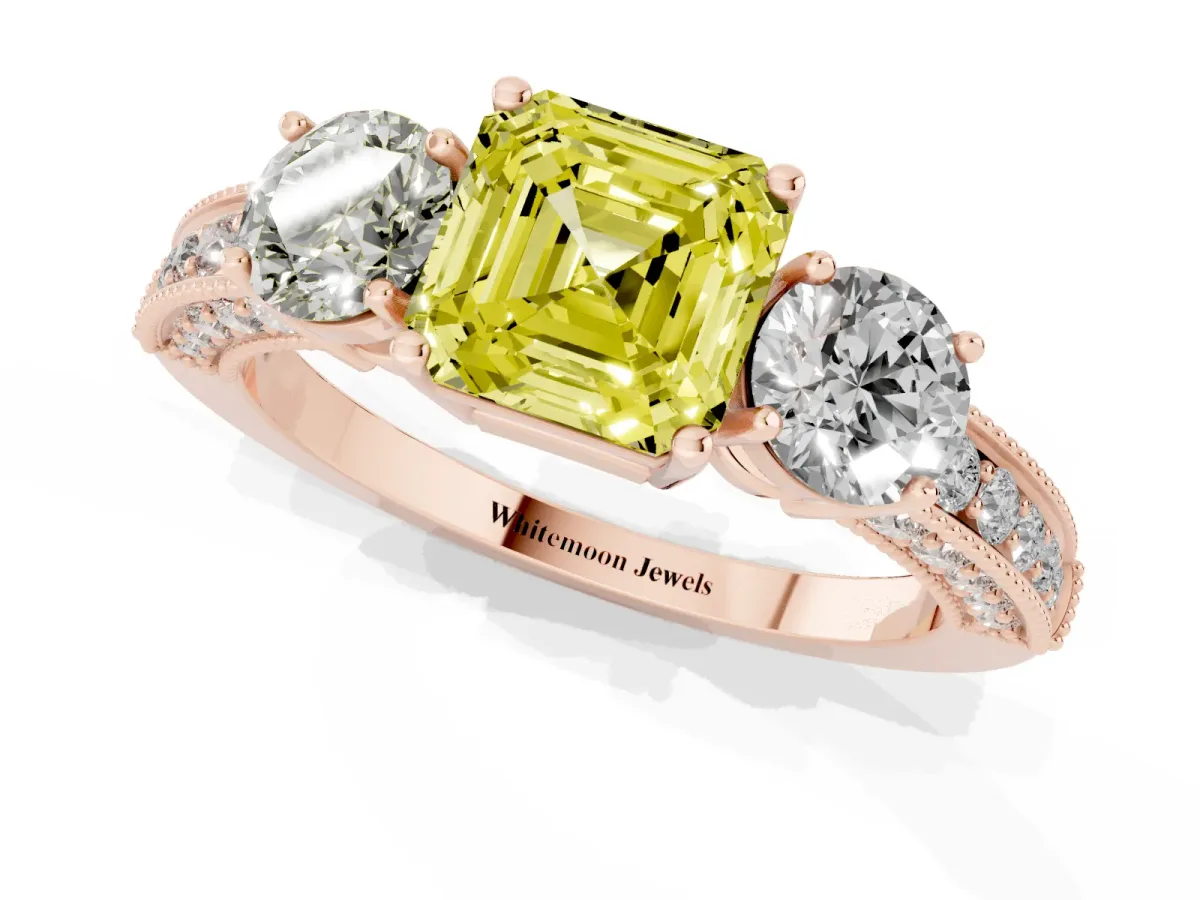Fancy Yellow Asscher Cut Three-Stone Diamond Ring with Pavé Band and Four-Prong Setting Rose gold
