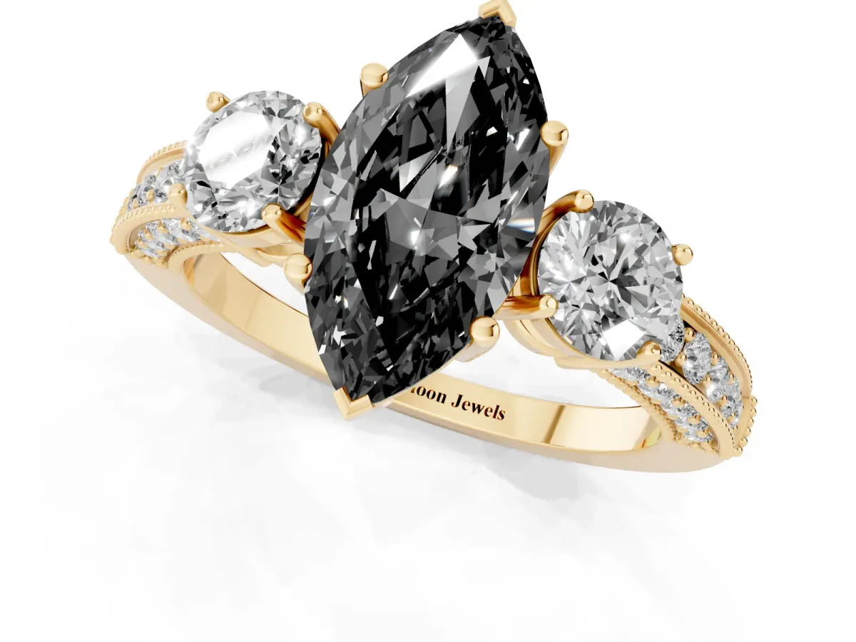 Fancy Black Marquise Cut Three-Stone Diamond Ring with Pavé Band and Four-Prong Setting Yellow gold