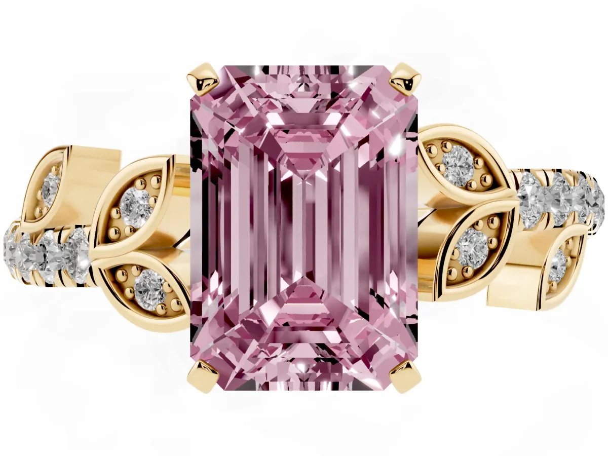 Fancy Pink Emerald Cut Solitaire Leaf-Inspired Diamond Ring with Pavé Band and Four-Prong Setting Yellow gold
