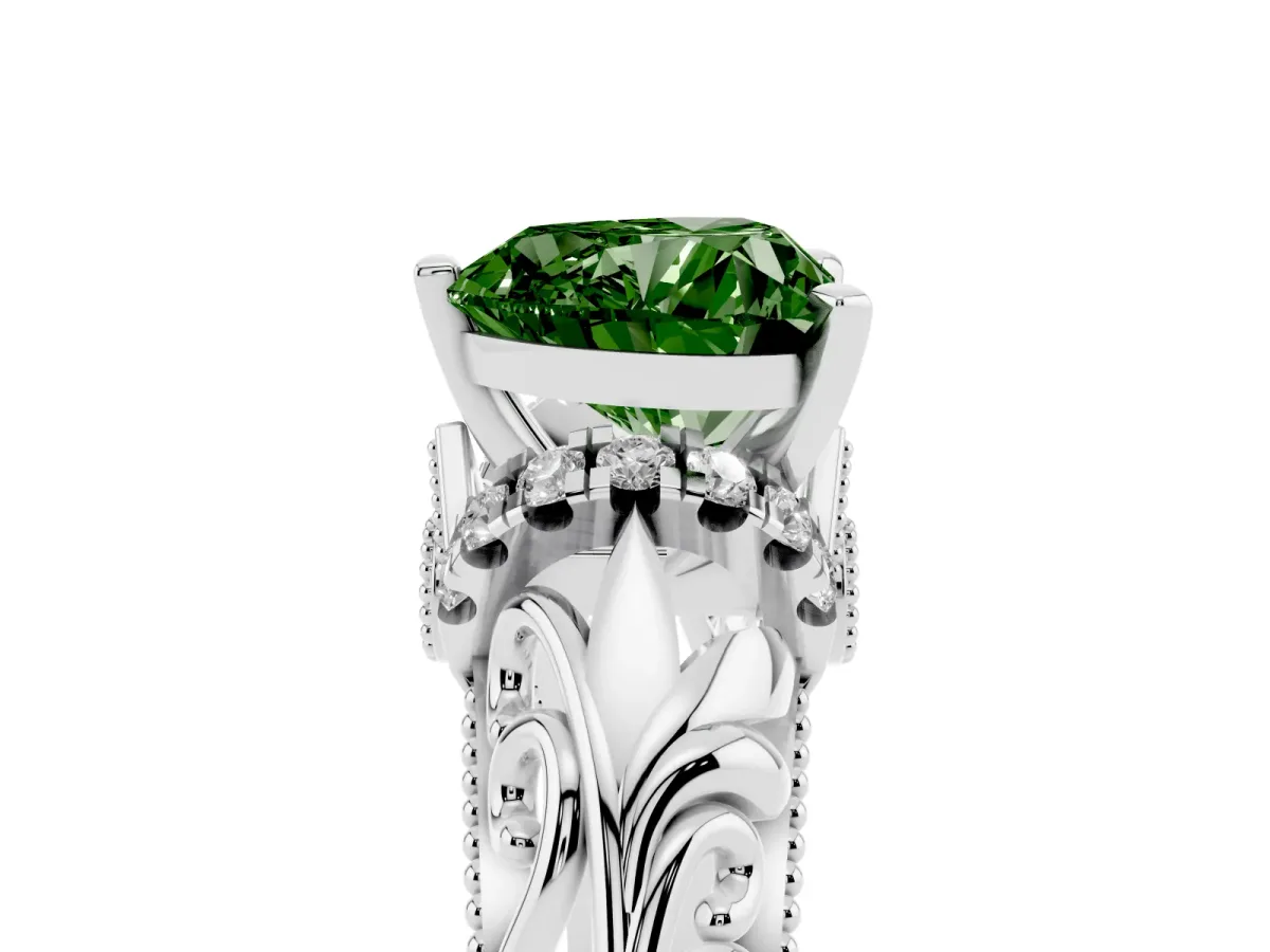 Fancy Green Heart Cut Solitaire Filigree Engagement Ring with Halo and Prong Setting Platinum