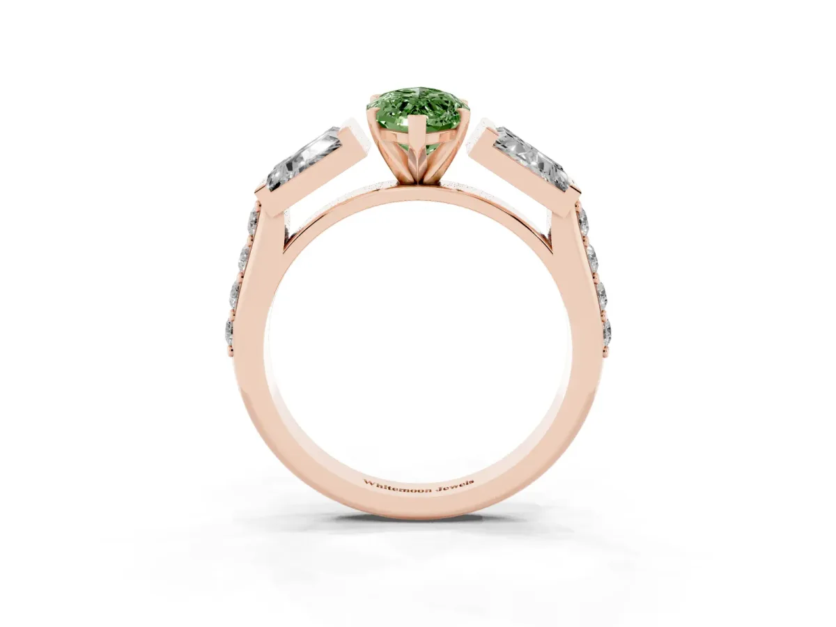 Fancy Green Marquise Cut Diamond Engagement Ring with Baguette Side Stones and Channel Set Band Rose gold