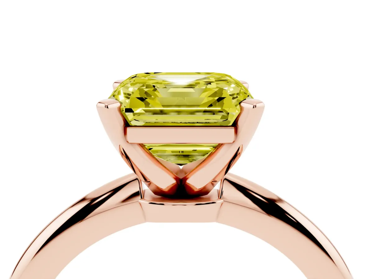 Fancy Yellow Asscher Cut Diamond Solitaire Ring with Prong Setting and Classic Band Rose gold