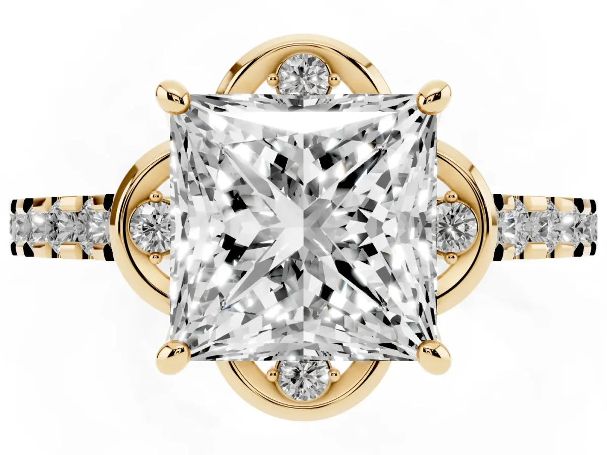 Princess Cut Diamond Ring with Pavé Band and Floral Prong Setting Yellow gold