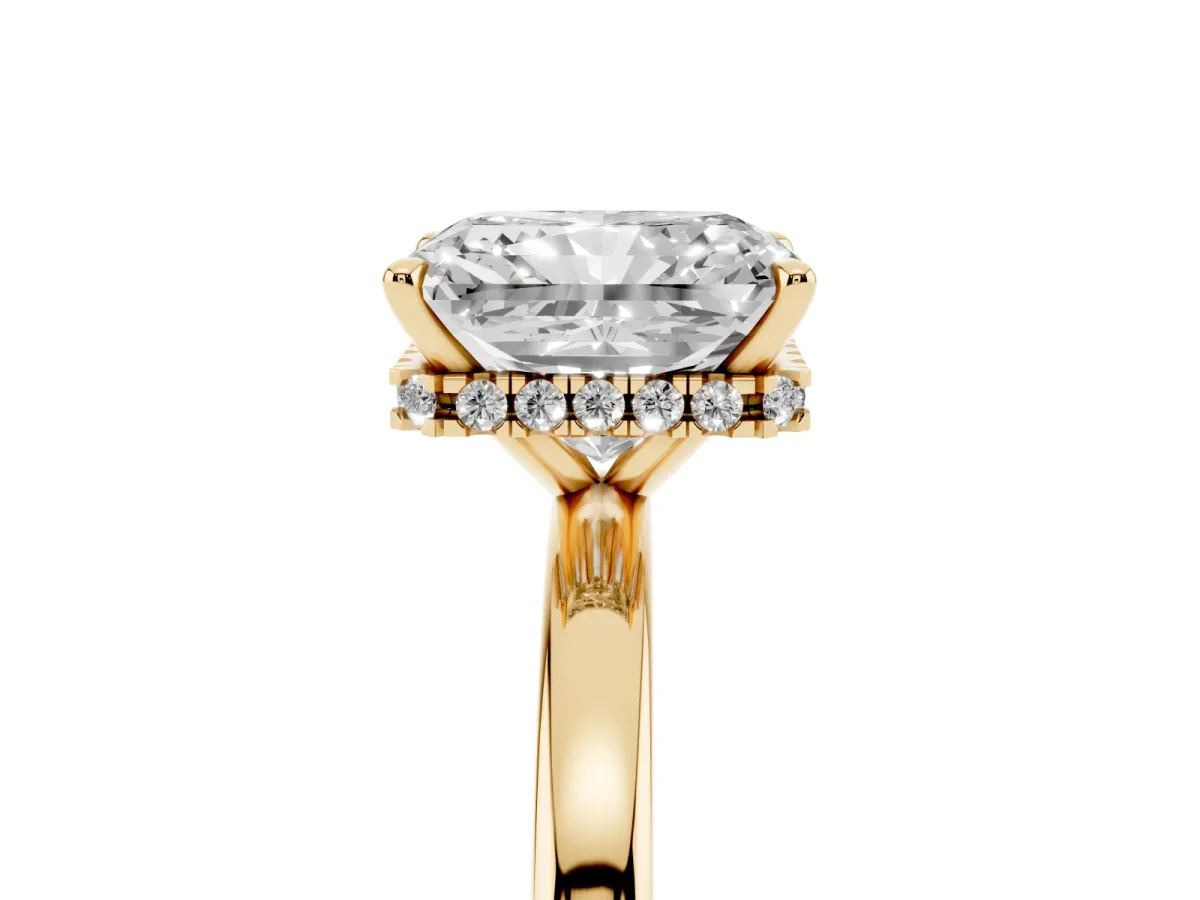 Radiant Cut Solitaire Engagement Ring with Cathedral Band and Four-Prong Setting Yellow gold