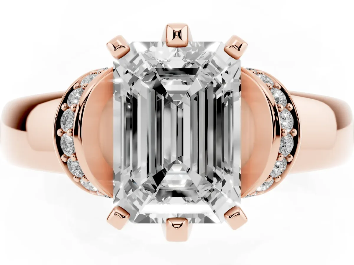 Emerald Cut Solitaire Diamond Ring with Pave Band and Six-Prong Setting Rose gold