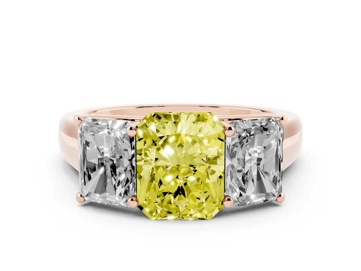 Fancy Yellow Radiant Cut Three-Stone Diamond Ring with Prong Setting on a Classic Band Rose gold