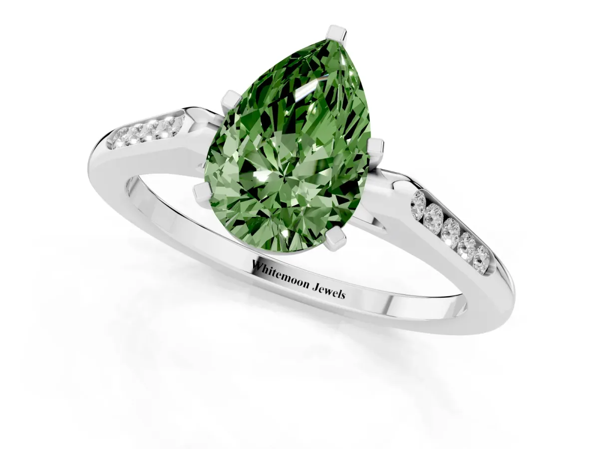 Fancy Green Pear Cut Diamond Solitaire Ring with Channel Set Round Band and Prong Setting Silver