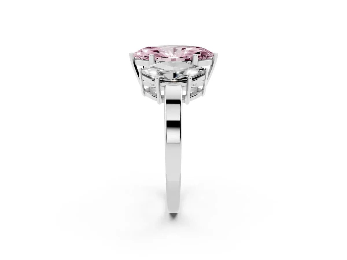 Fancy Pink Three-Stone Marquise Cut Cut Diamond Engagement Ring with Flat Band and Four-Prong Setting Silver