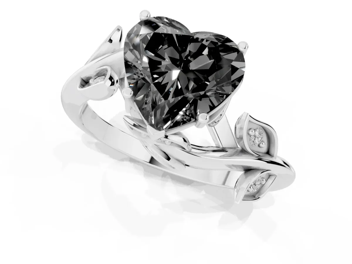 Fancy Black Heart Cut Solitaire Twist Engagement Ring with Leaf Accents and Prong Setting Platinum