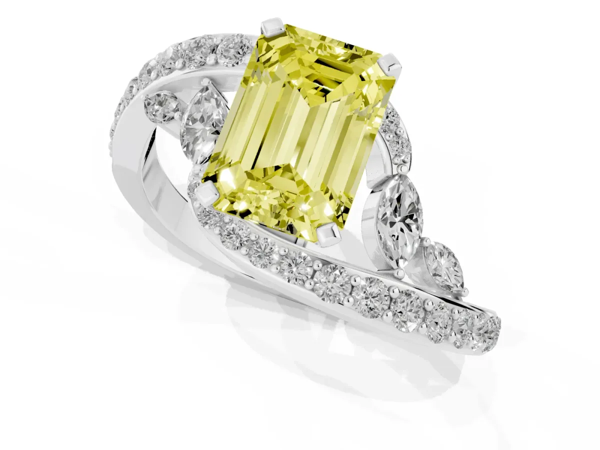 Fancy Yellow Emerald Cut Solitaire with Pavé Twist Band and Four-Prong Setting Silver