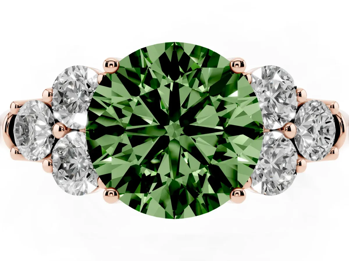 Fancy Green Round Cut Cut Diamond Cluster Ring with Round Accent Stones and Prong Setting on a Classic Band Rose gold