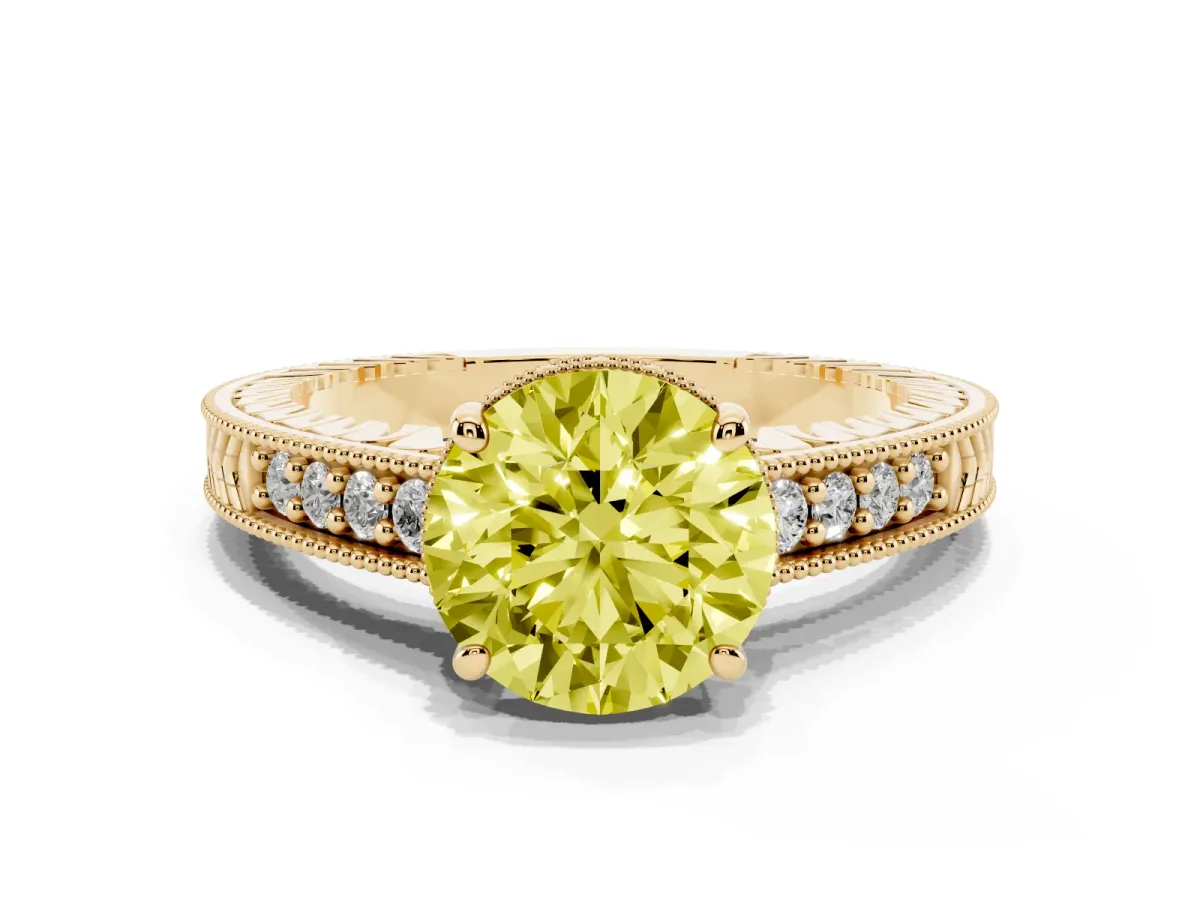 Fancy Yellow Round Cut Solitaire Pavé Diamond Milgrain Engagement Ring with Four-Prong Setting Yellow gold