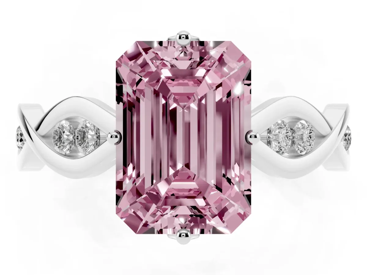 Fancy Pink Emerald Cut Solitaire Twist Band with Leaf Prong Setting Platinum