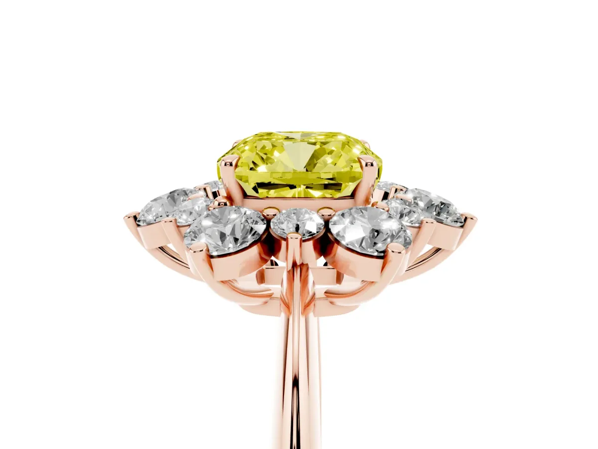 Fancy Yellow Cushion Cut Diamond Cluster Halo Ring with Solitaire Band and Four-Prong Setting Rose gold